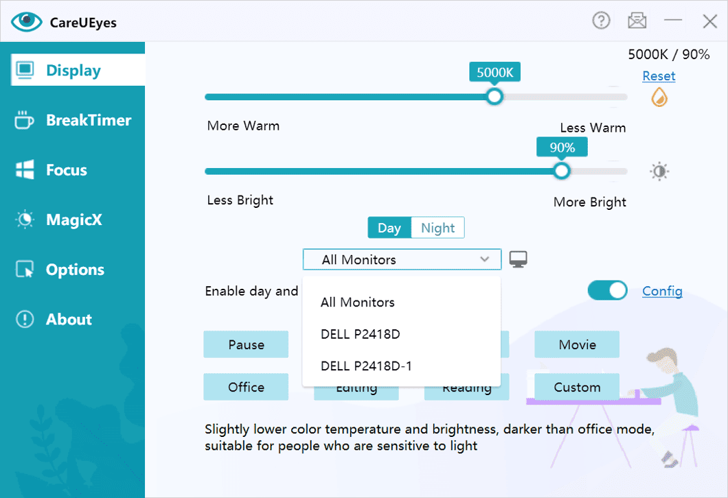 CareUEyes screen dimmer with multi-monitor brightness control
